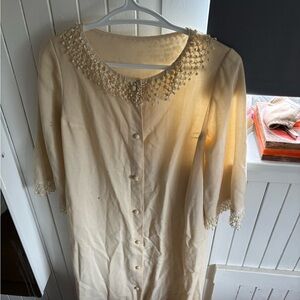 Vintage Elegant Cream Button-Up Dress with Lace Details